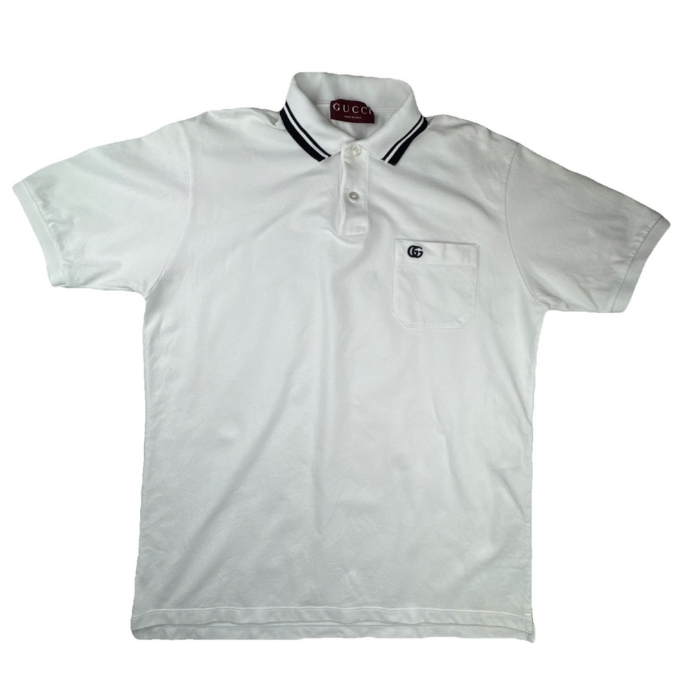 Gucci Mens Polo Shirt Medium White Cotton Pique GG Logo Pocket Luxury Designer